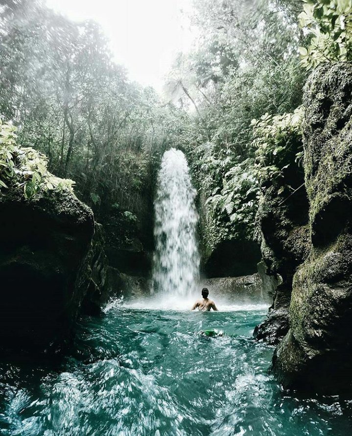 A tropical waterfall surrounded by green forest